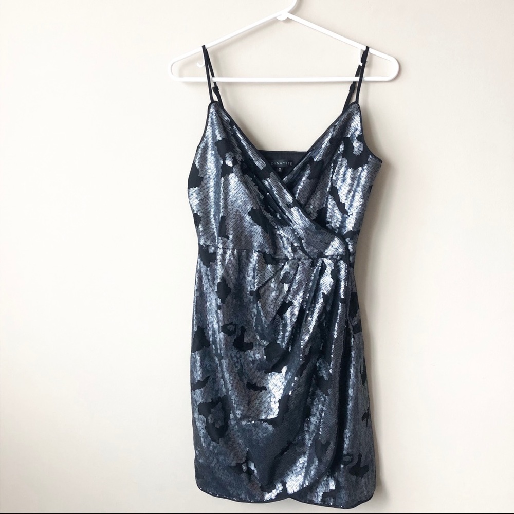 Dynamite Black & Silver Sequin Wrap Dress - Picture 3 of 8